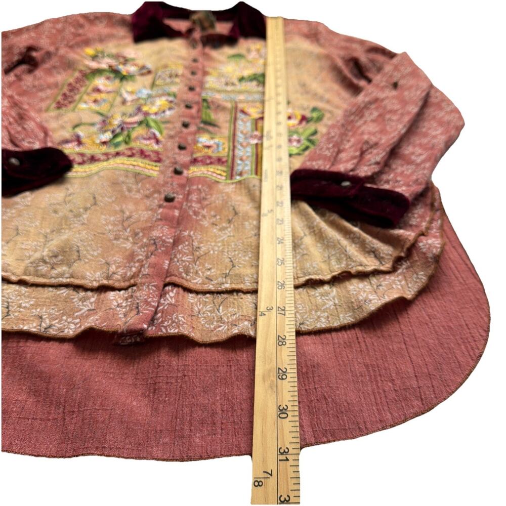 Aratta Silent Journey Tunic Shirt Small Boho Embroidered Velvet Trim Button Up - Picture 7 of 13